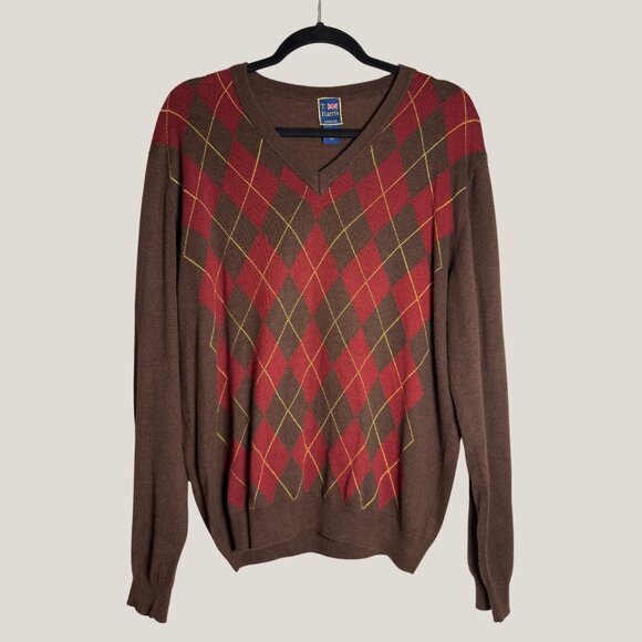 Vintage T. Harris Unisex V-neck Argyle Pullover Sweater, London - Picture 1 of 4